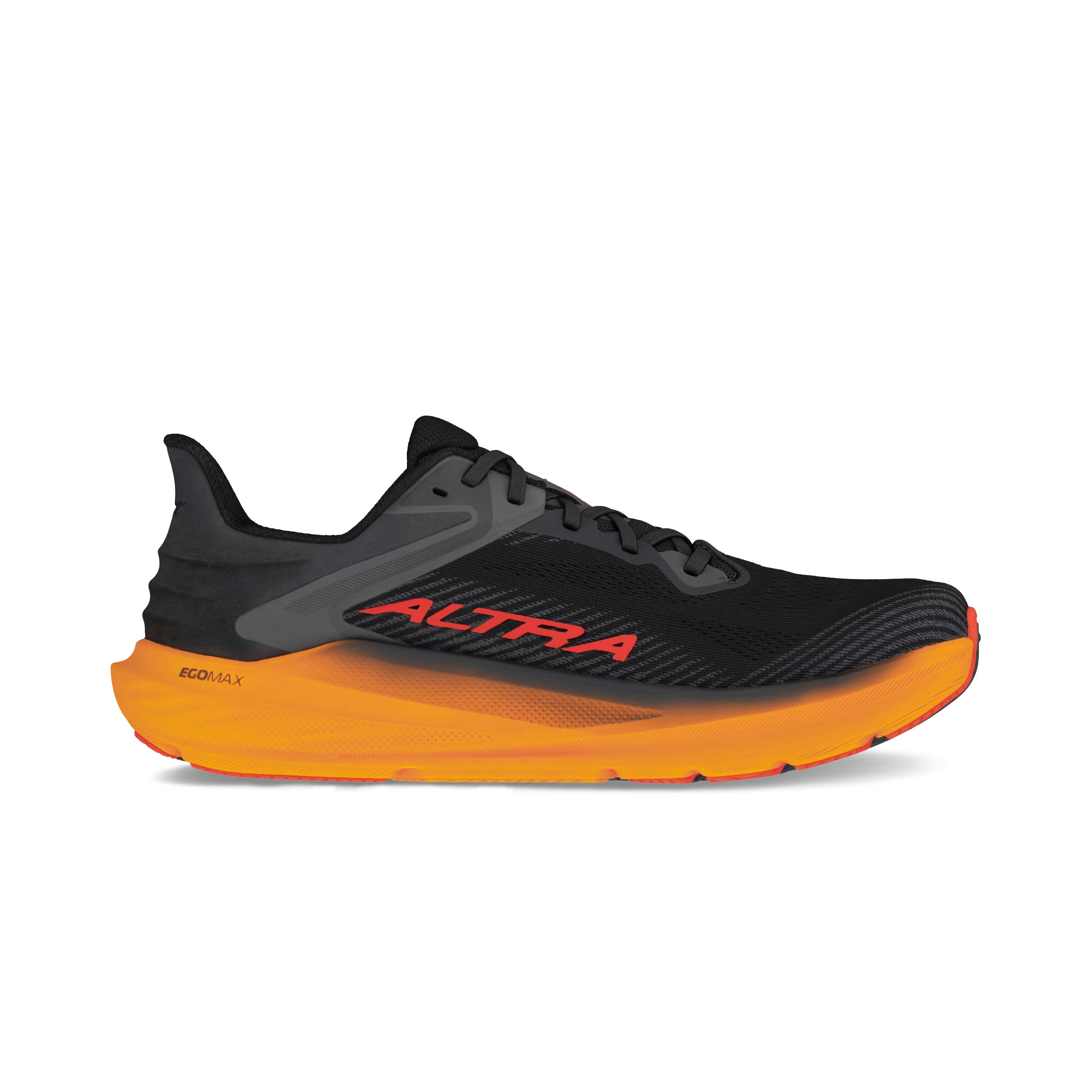Torin 8 - Men by Altra Footwear in black and orange, comfortable zero drop road running shoe with roomy toe box and soft cushioning