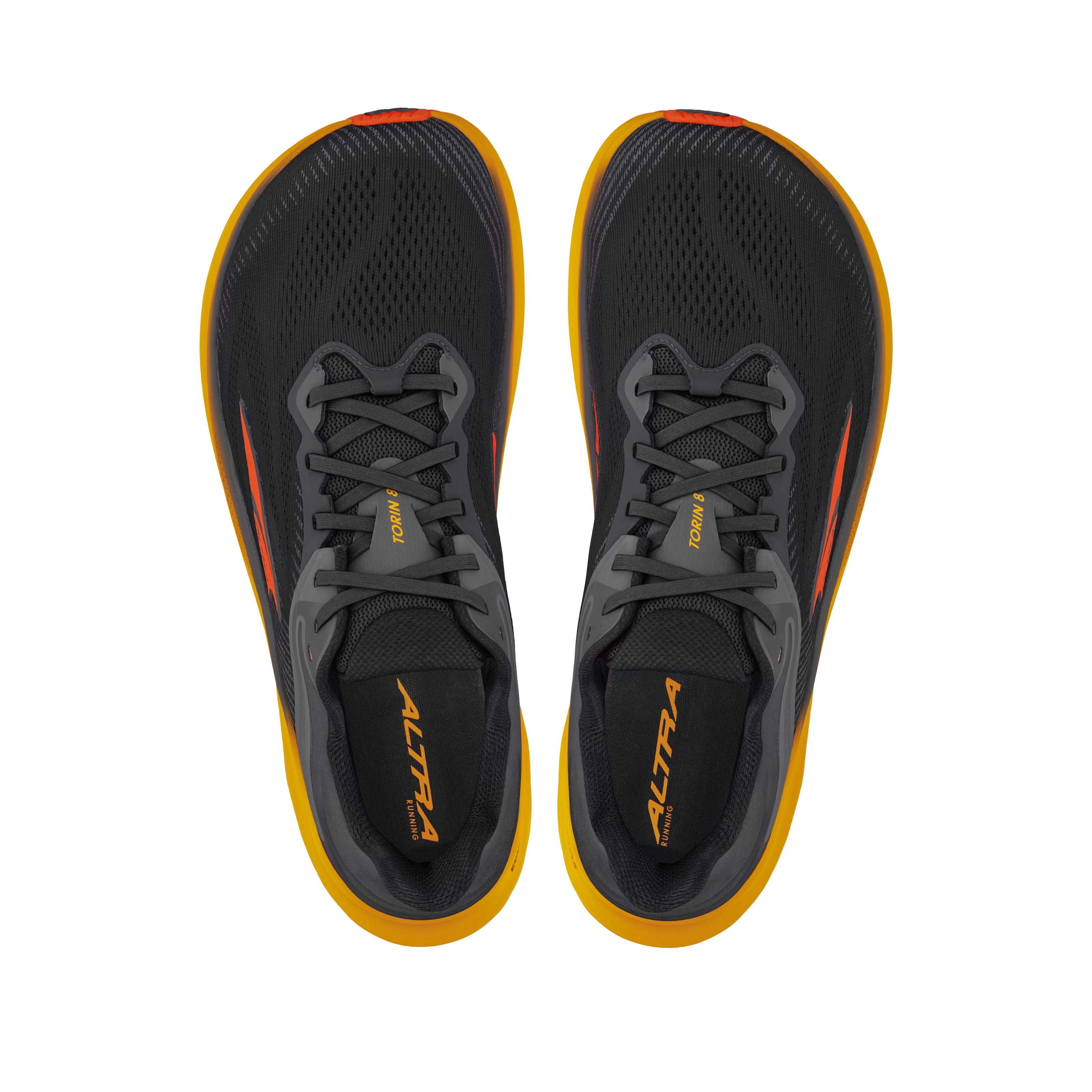 Torin 8 - Men by Altra Footwear in black and orange, zero drop road running shoes with roomy toe box and soft underfoot comfort