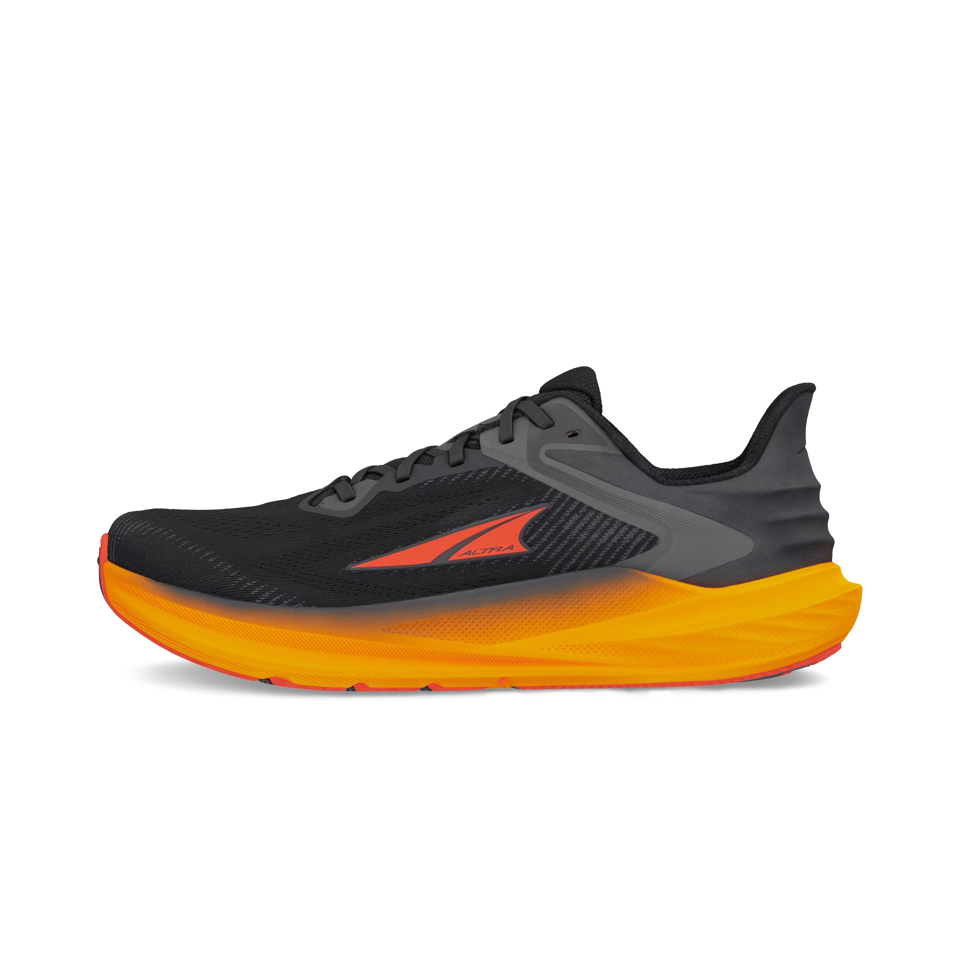 Torin 8 - Men by Altra Footwear in black and orange with zero drop, roomy toe box, soft underfoot for comfortable road running use