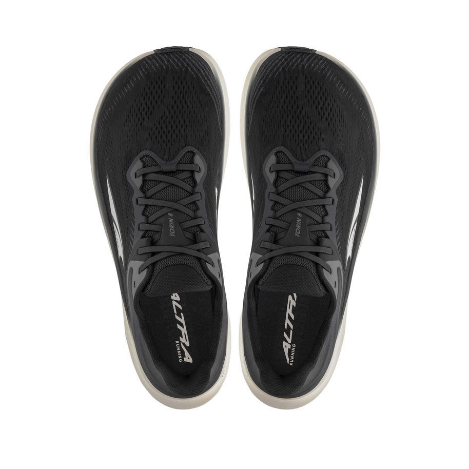 Torin 8 Wide - Men by Altra Footwear in black with roomy toe box, zero drop, and soft underfoot feel for comfortable road running