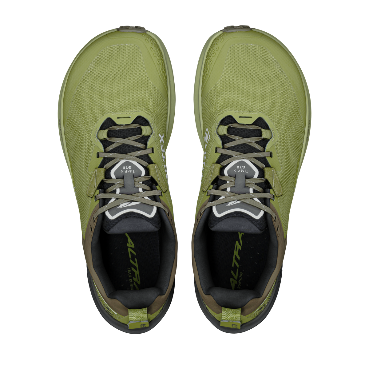 Altra Timp 6 GTX men's trail running shoes in Iguana/Silver, top view of the pair showing the wide toe box