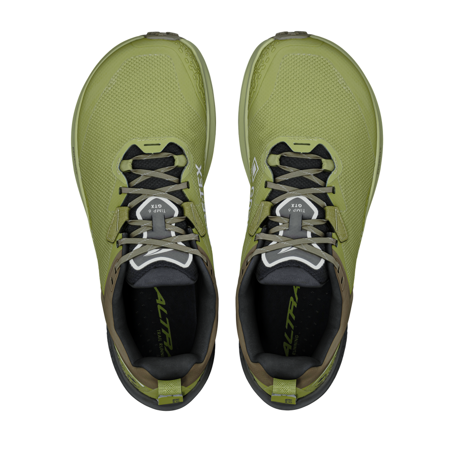 Altra Timp 6 GTX men's trail running shoes in Iguana/Silver, top view of the pair showing the wide toe box