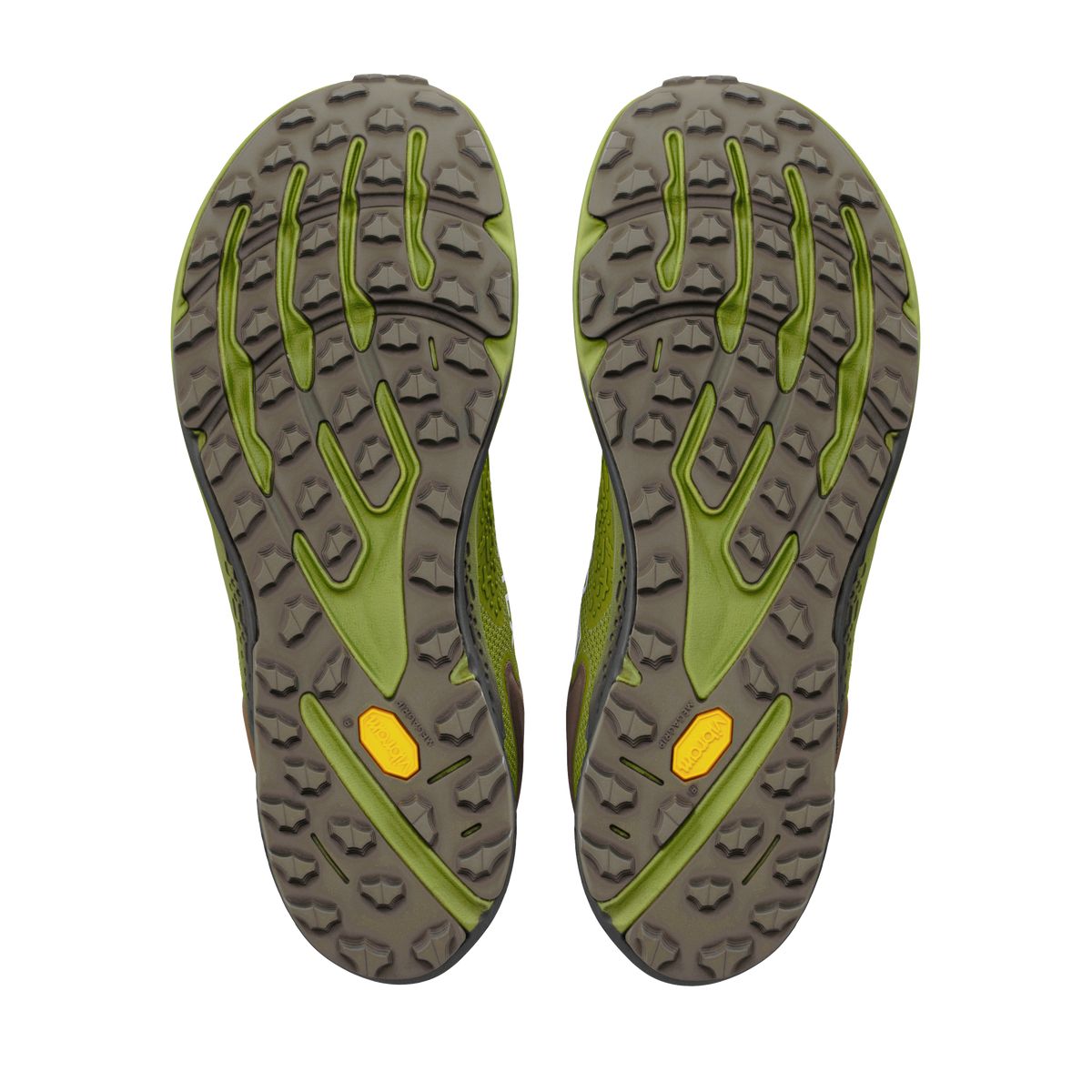 Altra Timp 6 GTX men's trail running shoes in Iguana/Silver, outsole view of the lugged tread on both shoes