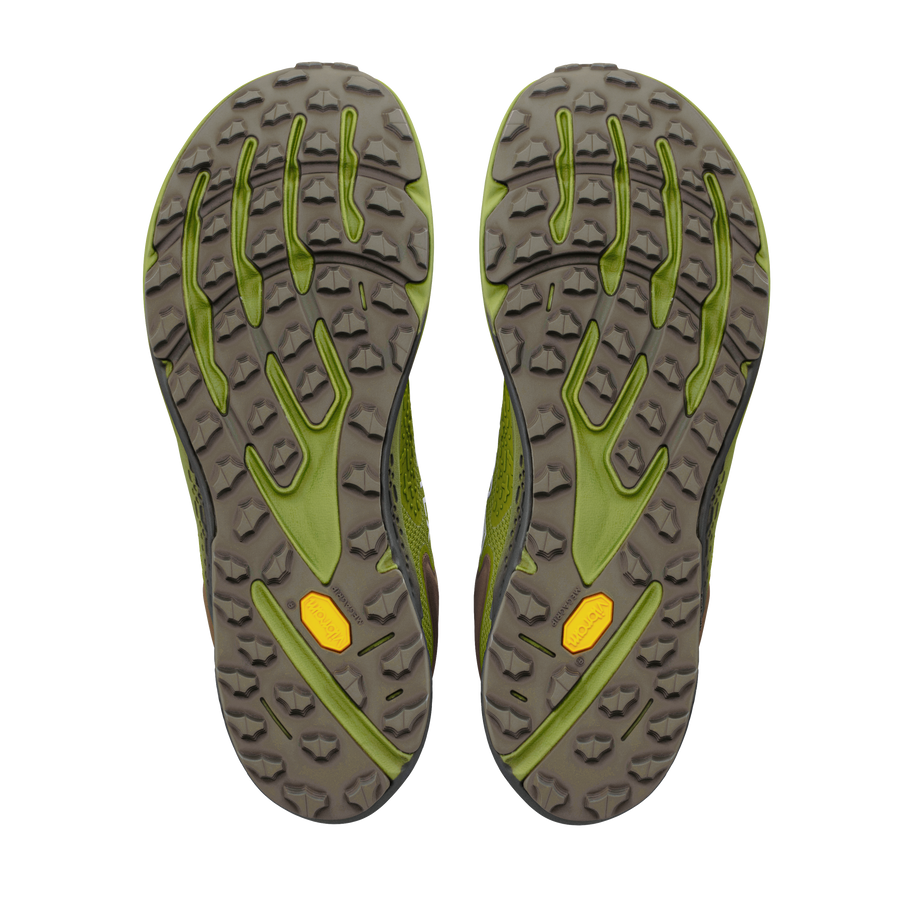 Altra Timp 6 GTX men's trail running shoes in Iguana/Silver, outsole view of the lugged tread on both shoes