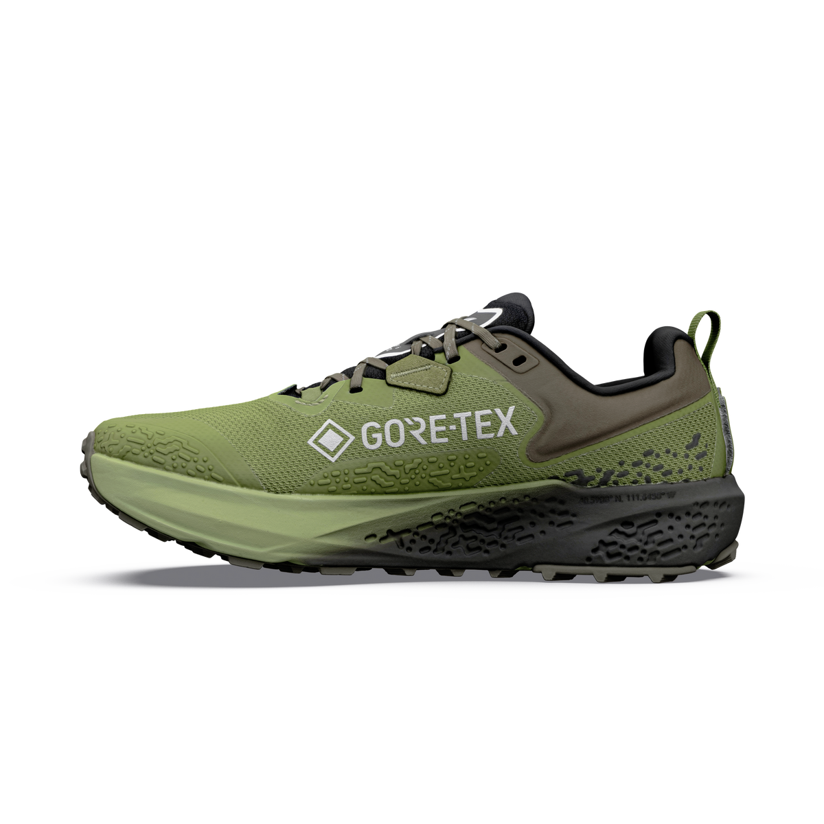 Altra Timp 6 GTX men's trail running shoe in Iguana/Silver, inner side view of the arch and midsole