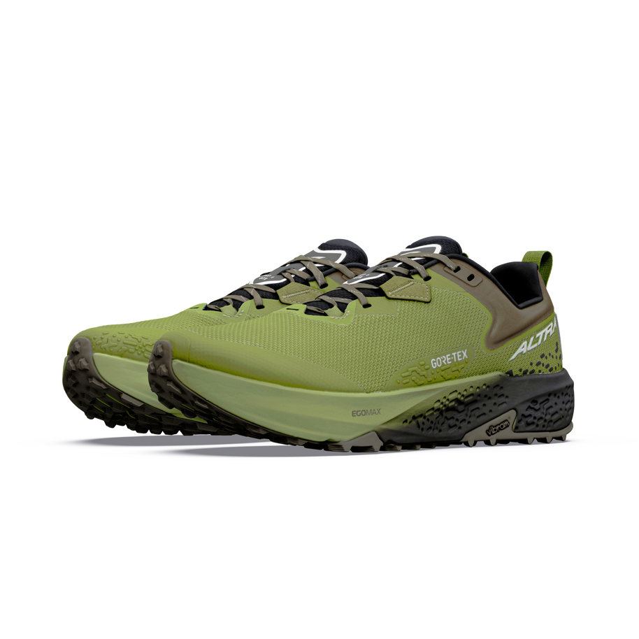 Pair of Altra Timp 6 GTX men's trail running shoes in Iguana/Silver, angled side view