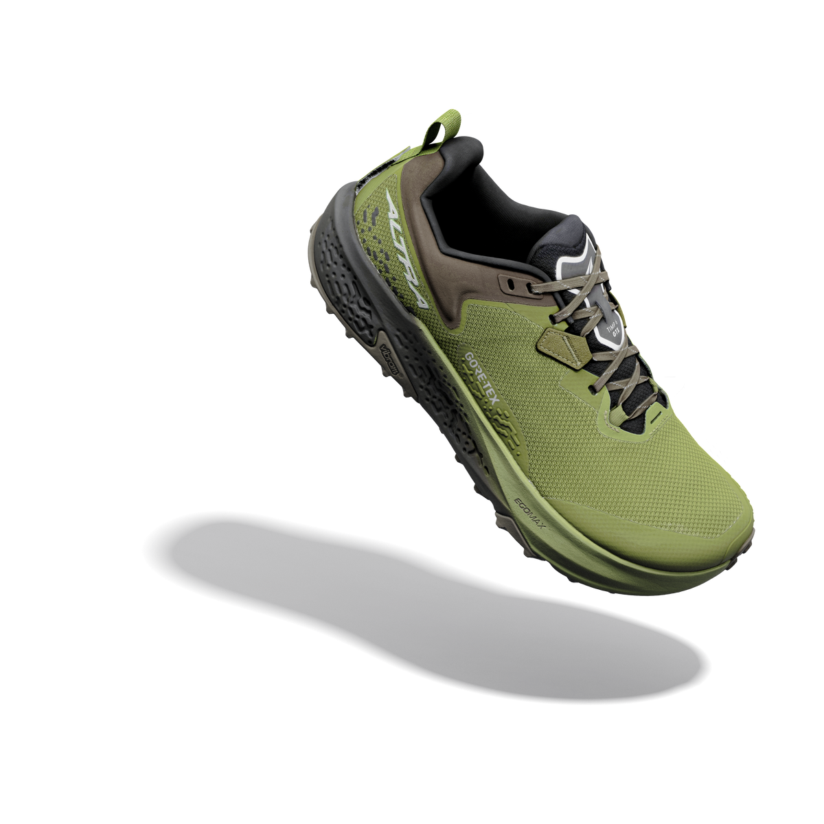 Altra Timp 6 GTX men's trail running shoe in Iguana/Silver, angled view from the front