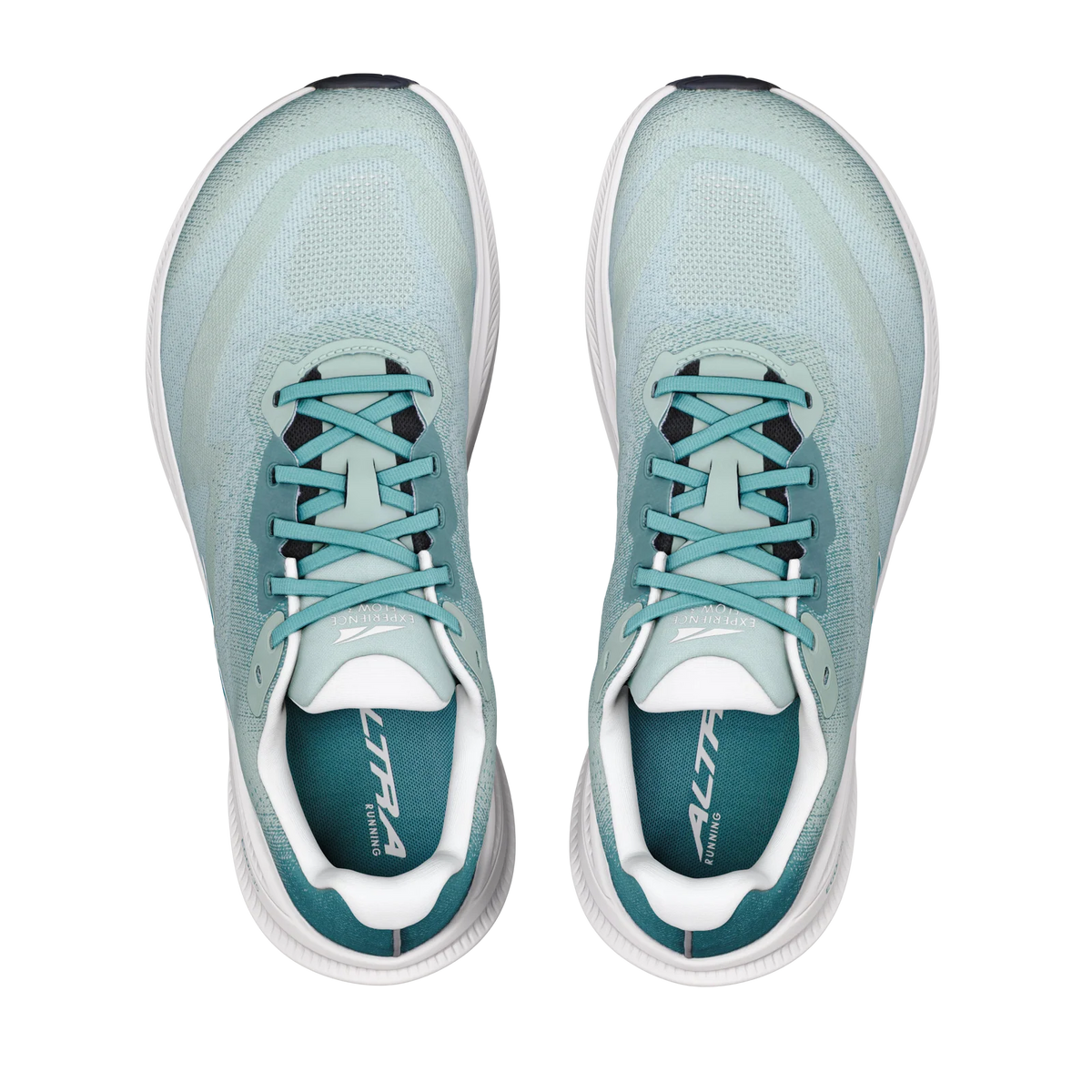 Top-down view of a pair of Altra Experience Flow 3 men's road running shoes in Green Milieu /Sea Pine/Vaporous Gray