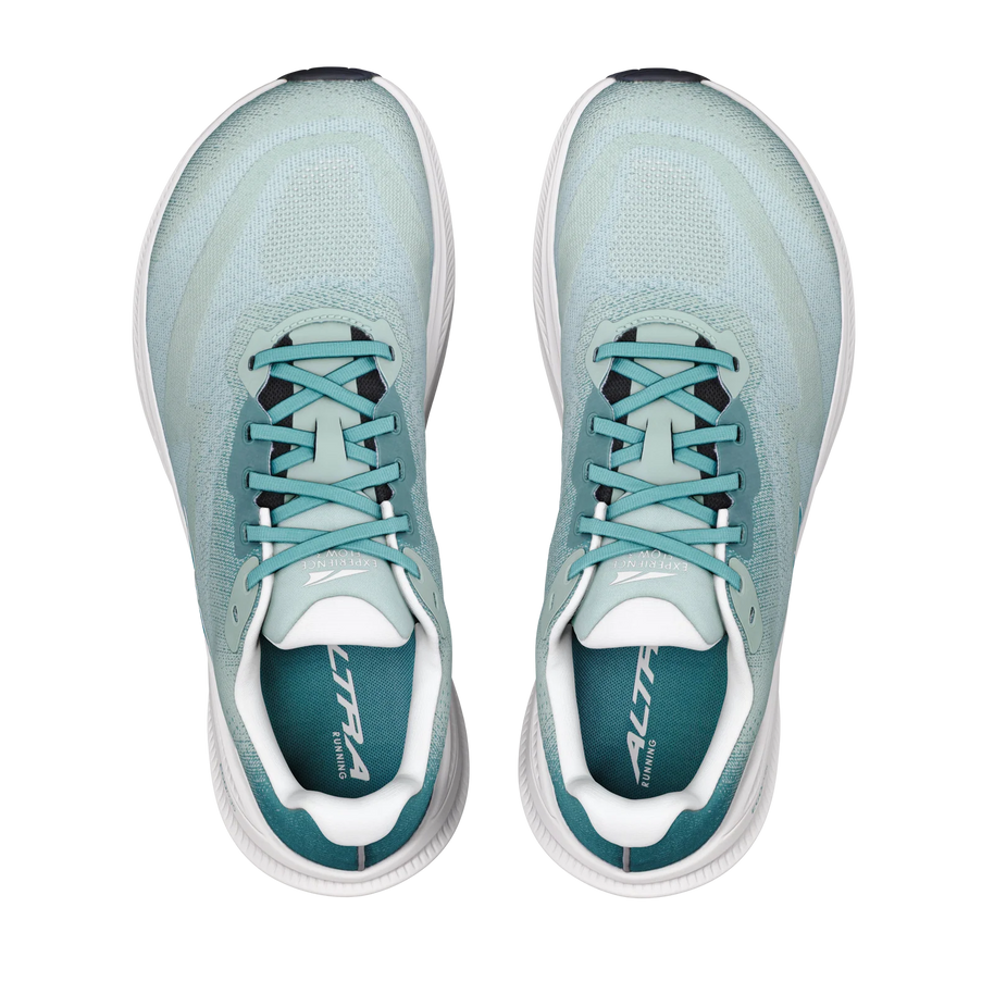 Top-down view of a pair of Altra Experience Flow 3 men's road running shoes in Green Milieu /Sea Pine/Vaporous Gray