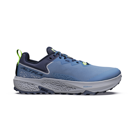 Altra Timp 6 men's trail running shoe in China Blue/Blue Nights, side view of blue upper with grey midsole and lime heel tab