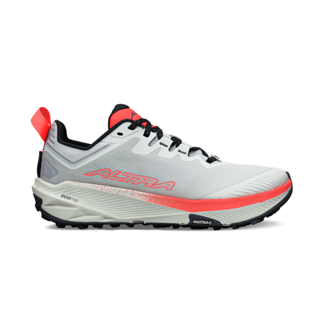 Altra Experience Wild 3 men's trail running shoe in White/Coral, side view of white upper with coral stripe and heel tab
