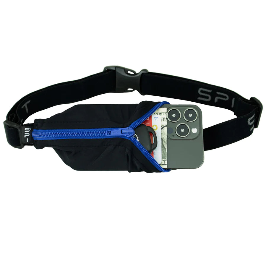 Original Running Belt by SPIbelt in black with blue zipper, expandable fitness belt for carrying large smartphones, ideal for marathon running