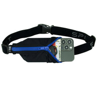 Original Running Belt by SPIbelt in black with blue zipper, expandable fitness belt for carrying large smartphones, ideal for marathon running