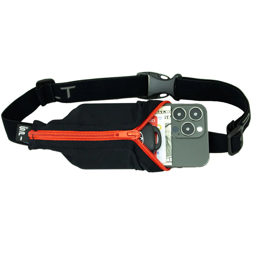 Original Running Belt by SPIbelt in black with orange zipper, expandable fitness belt for large smartphones, ideal for marathon running and outdoor use