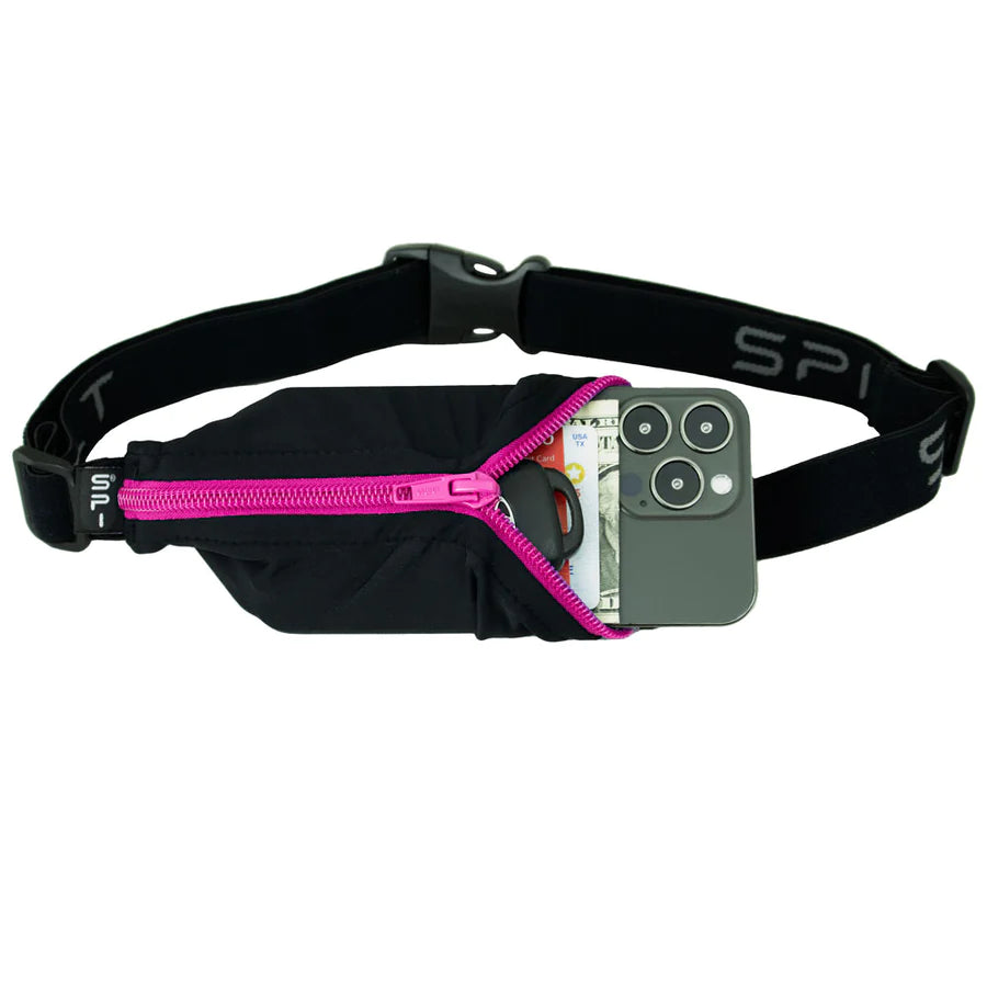 Original Running Belt by SPIbelt in black with pink zipper, expandable fitness belt holding large smartphones, ideal for marathon runners