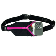Original Running Belt by SPIbelt in black with pink zipper, expandable fitness belt holding large smartphones, ideal for marathon runners