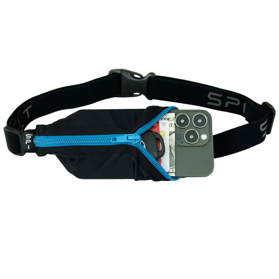 Original Running Belt by SPIbelt in black with blue zipper, expandable fitness belt for large smartphones, ideal for marathon running and outdoor use