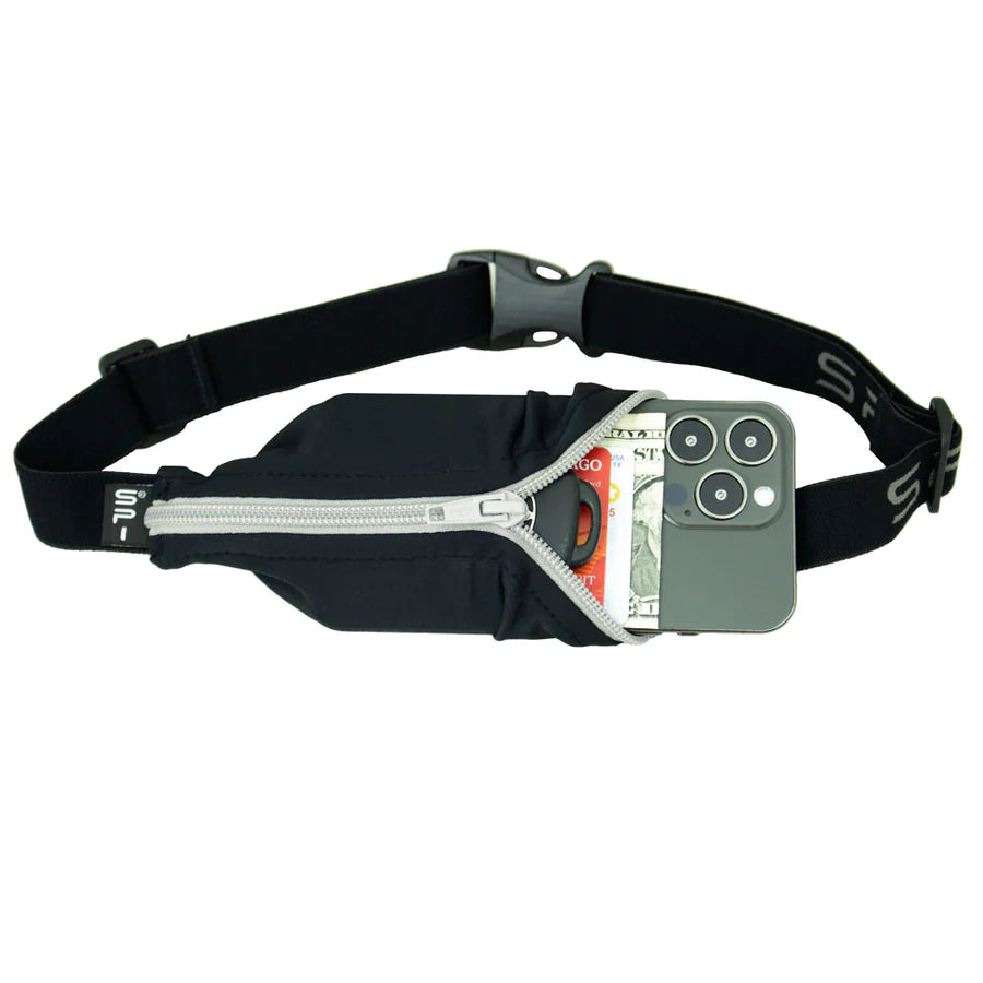 Original Running Belt by SPIbelt in black with expandable pouch for large smartphones and essentials, ideal for marathon running and fitness