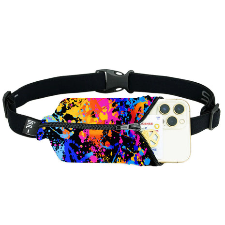 Original Running Belt by SPIbelt in multicolor design with expandable pouch for large smartphones, ideal for running and marathon use