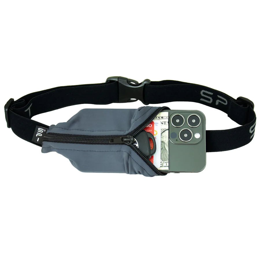 Original Running Belt by SPIbelt in grey and black, expandable fitness belt fits large smartphones, ideal for marathon running and outdoor use