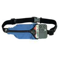 Original Running Belt by SPIbelt in blue with expandable pouch fits large smartphones, ideal for marathon running and outdoor use