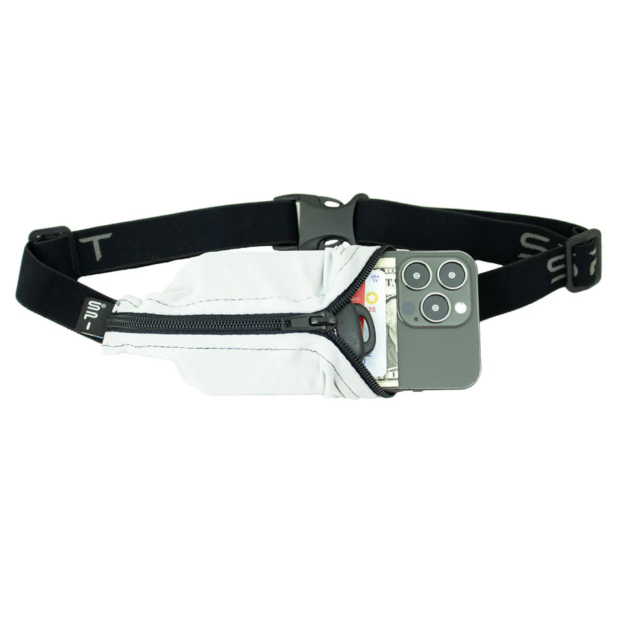 Original Running Belt by SPIbelt in white and black, expandable fitness belt for large smartphones, ideal for marathon runners and running use