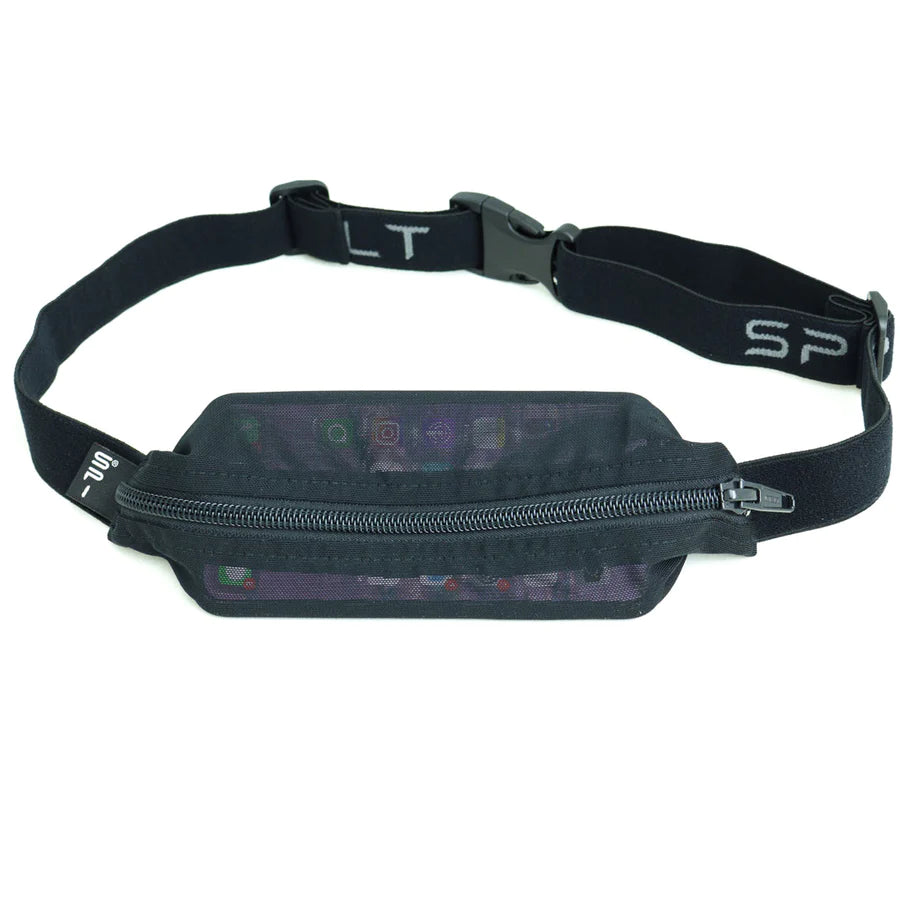 Original Running Belt by SPIbelt in black with expandable storage for large smartphones, ideal for marathon running and outdoor fitness use