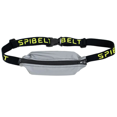 Reflective Running Belt by SPIbelt in grey with large reflective pocket and logo for increased visibility and safety during running outdoors