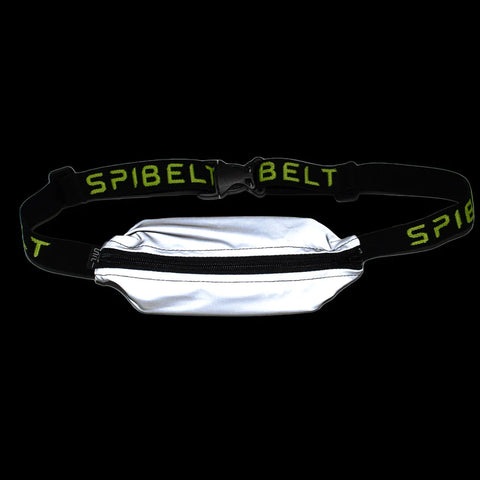 Reflective Running Belt by SPIbelt in white with black and neon green elastic band, large pocket with reflective details for safe running in low light