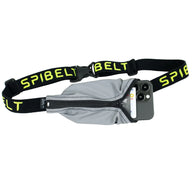 Reflective Running Belt by SPIbelt in grey with black and yellow adjustable strap, large pocket and reflective logo for safety while running outdoors