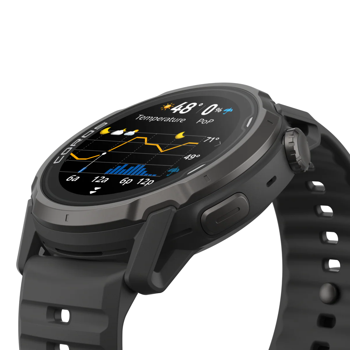 Coros Apex 4 GPS Watch 42mm in black with long GPS battery life, designed for mountain sports training and racing performance