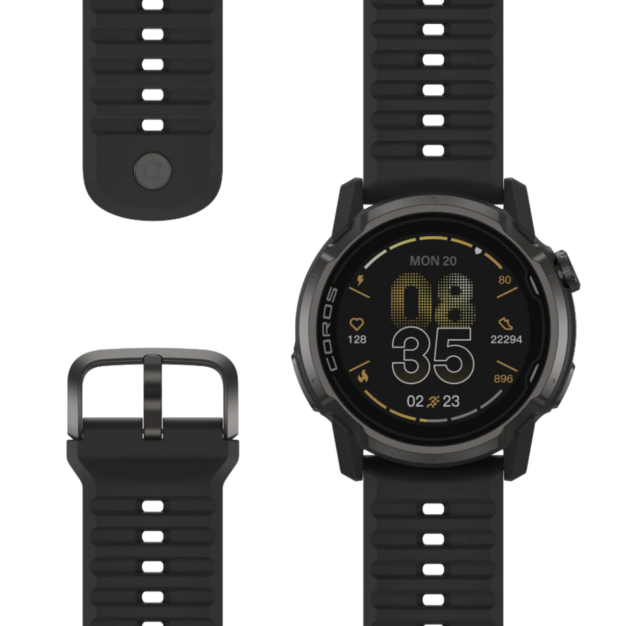 Coros Apex 4 GPS Watch 42mm in black with durable silicone strap, 41hrs GPS battery, designed for mountain sports and training
