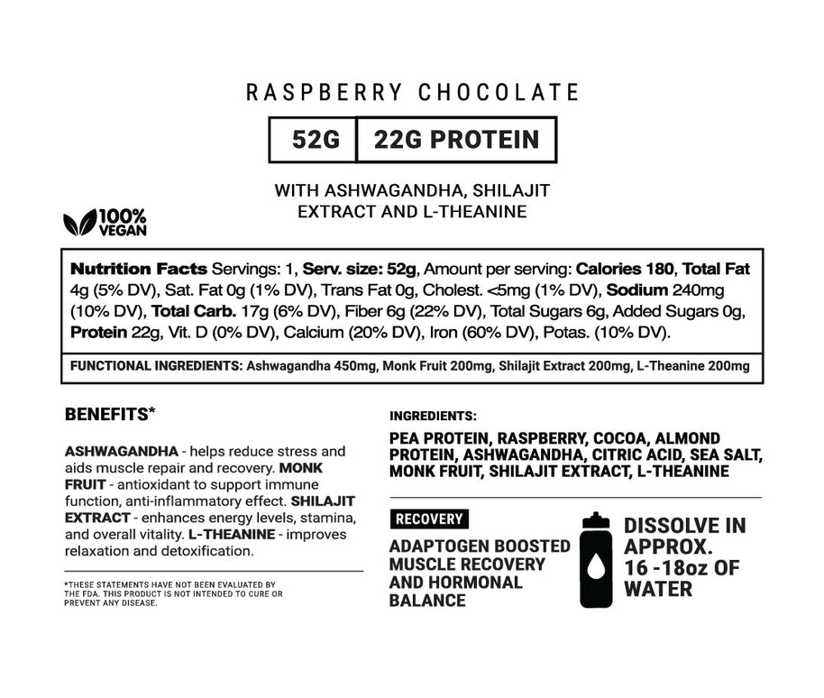 Spring Energy Raspberry Chocolate recovery shake panel with nutrition facts, ingredients and benefits