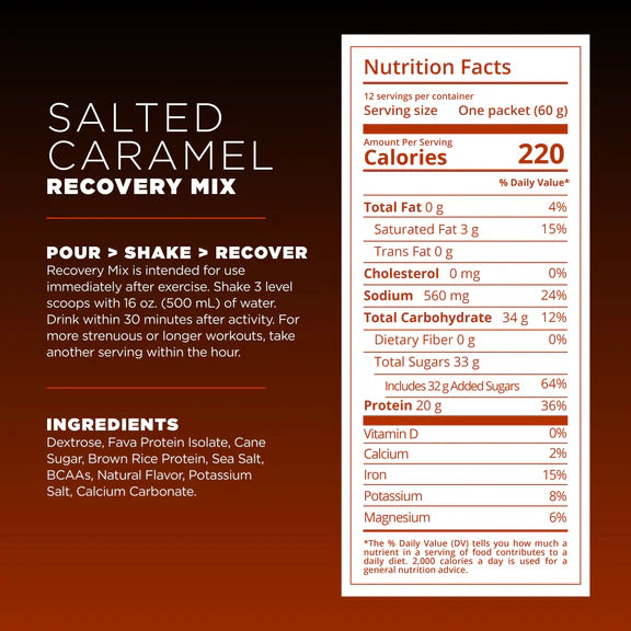 Recovery Mix 20-Serving Bag by Tailwind in salted caramel, nutrition blend with carbs, protein, electrolytes for post-exercise recovery