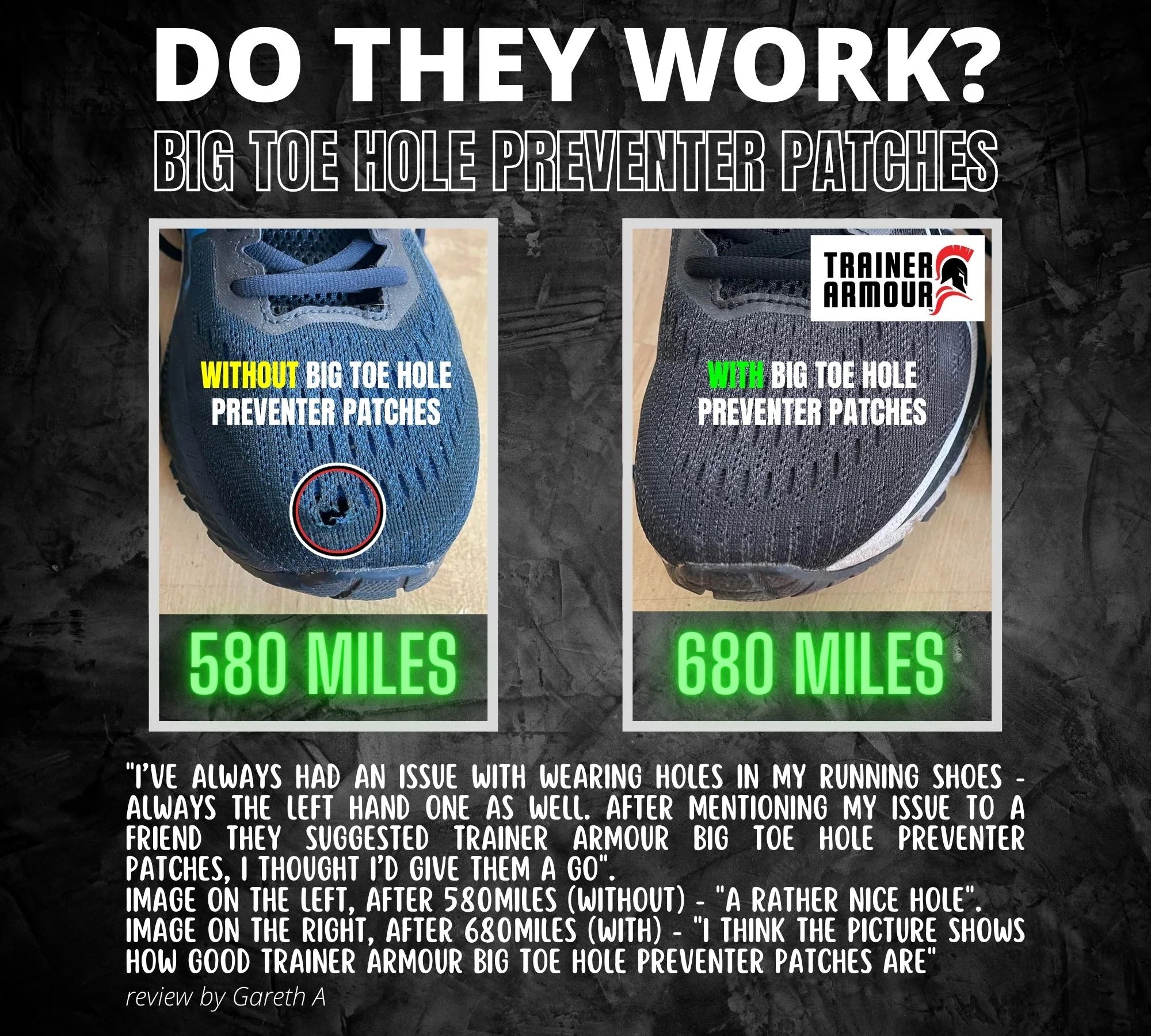 Big Toe Hole Preventer by Trainer Armour in transparent, reinforced self-adhesive patch preventing big toe holes in running shoes up to 680 miles