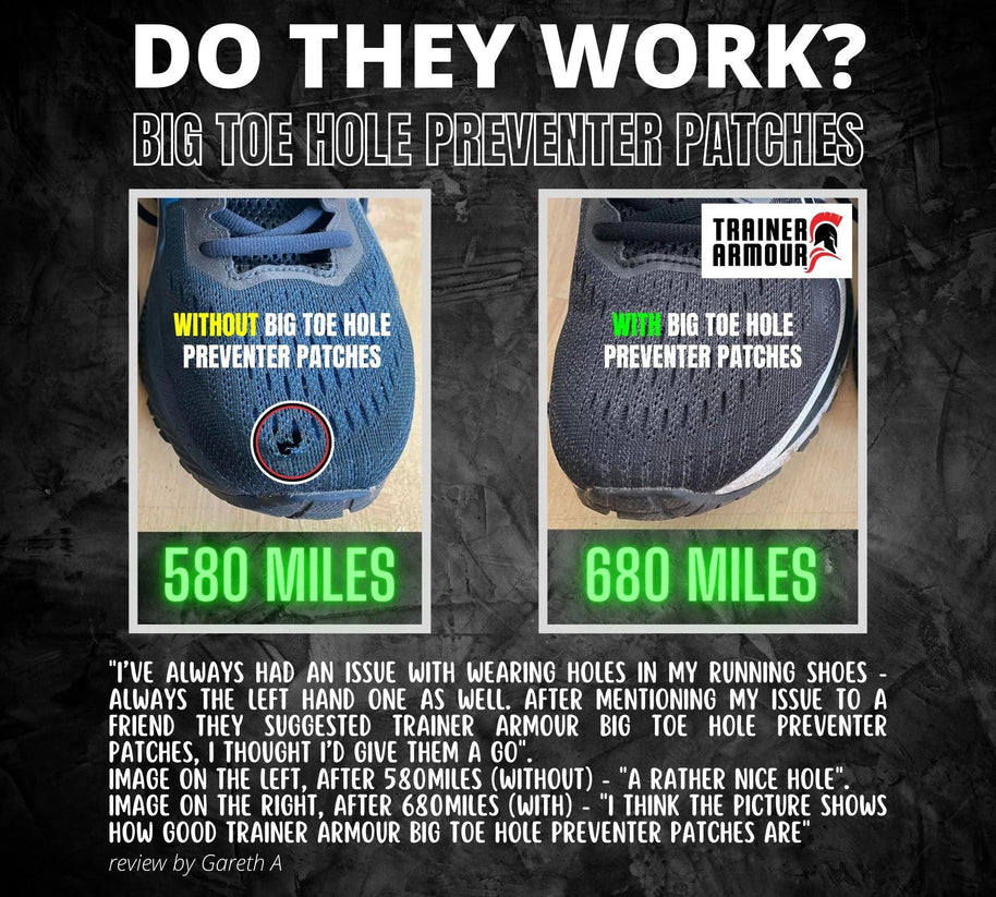 Big Toe Hole Preventer by Trainer Armour in transparent, reinforced self-adhesive patch preventing big toe holes in running shoes up to 680 miles