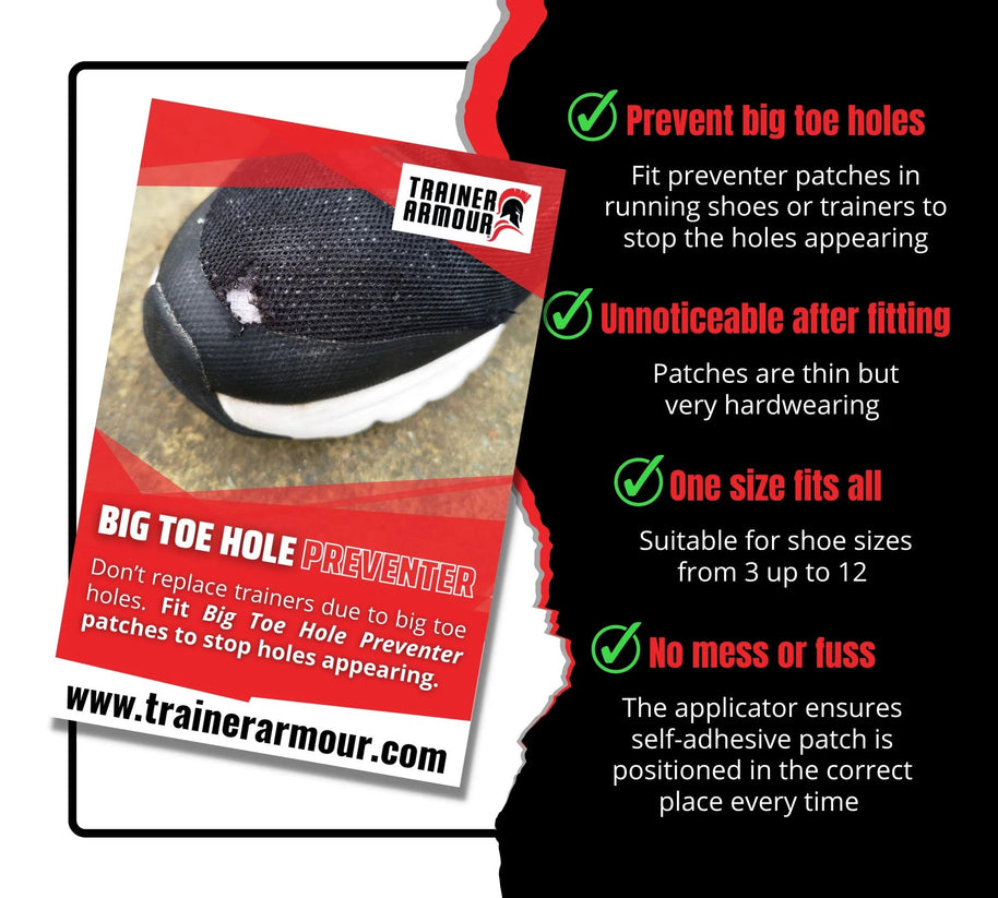 Big Toe Hole Preventer by Trainer Armour in black, reinforced self-adhesive patch to protect running shoes from big toe holes