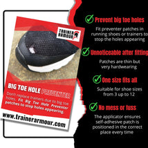 Big Toe Hole Preventer by Trainer Armour in black, reinforced self-adhesive patch to protect running shoes from big toe holes