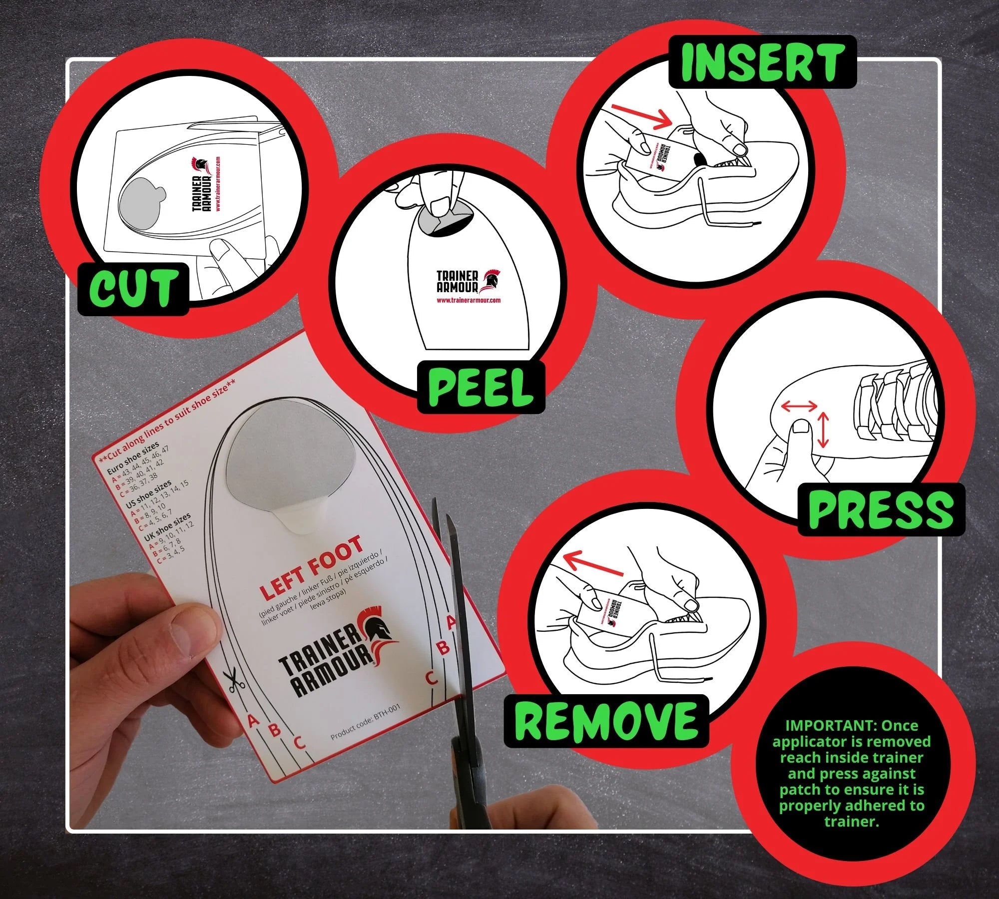 Big Toe Hole Preventer by Trainer Armour in transparent, reinforced self-adhesive patch protects shoes from big toe wear damage