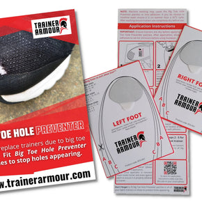 Big Toe Hole Preventer by Trainer Armour in black and grey, self-adhesive patch for preventing big toe holes in trainers and running shoes