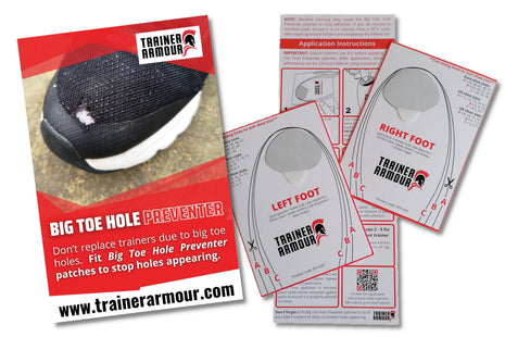 Big Toe Hole Preventer by Trainer Armour in black and grey, self-adhesive patch for preventing big toe holes in trainers and running shoes