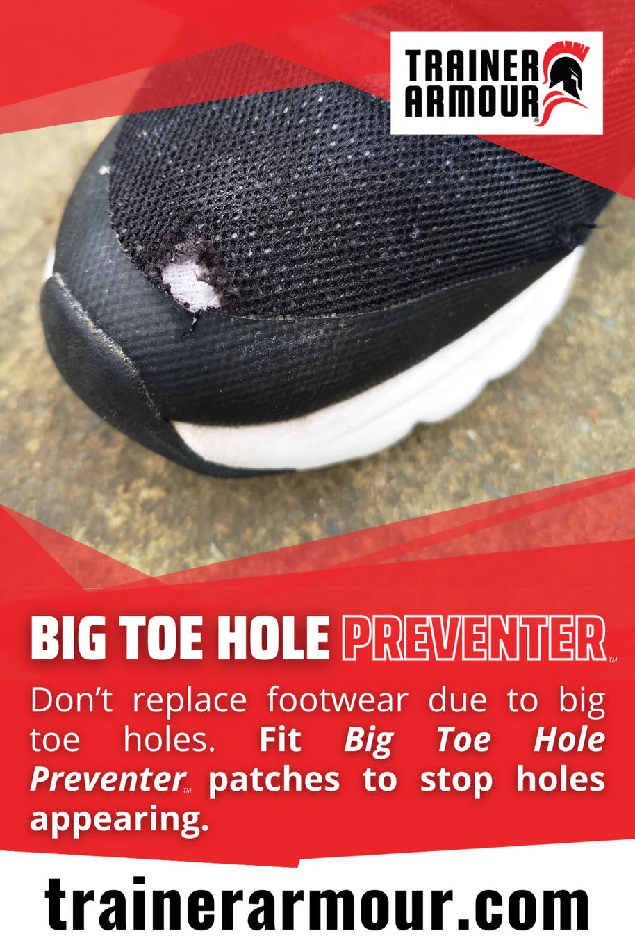 Big Toe Hole Preventer by Trainer Armour in black reinforced self-adhesive patch to prevent holes in trainers and running shoes