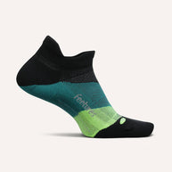 Elite Ultra Light Cushion No Show Tab - 2023 by Feetures in black, teal, and lime green, lightweight anatomical running sock with targeted compression for extra comfort and performance