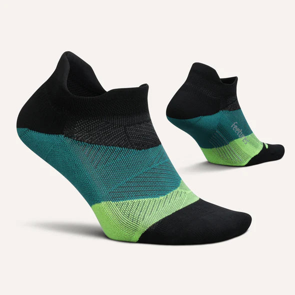 Elite Ultra Light Cushion No Show Tab - 2023 by Feetures in black, teal, and green, lightweight anatomical running socks for extra comfort and performance