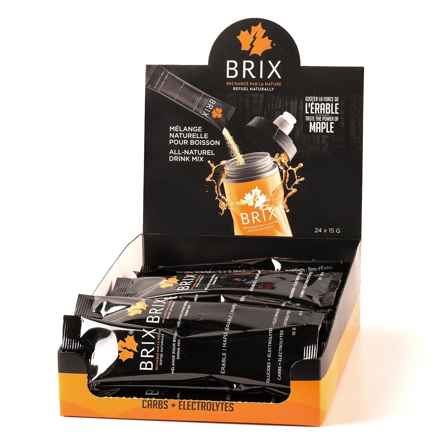Drink Mix Maple 15g by Brix in black and orange packaging, natural maple syrup drink mix with electrolytes for hydration and nutrition