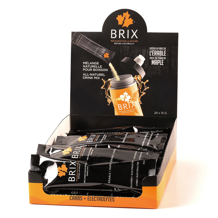 Drink Mix Maple 15g by Brix in black and orange packaging, natural maple syrup drink mix with electrolytes for hydration and nutrition