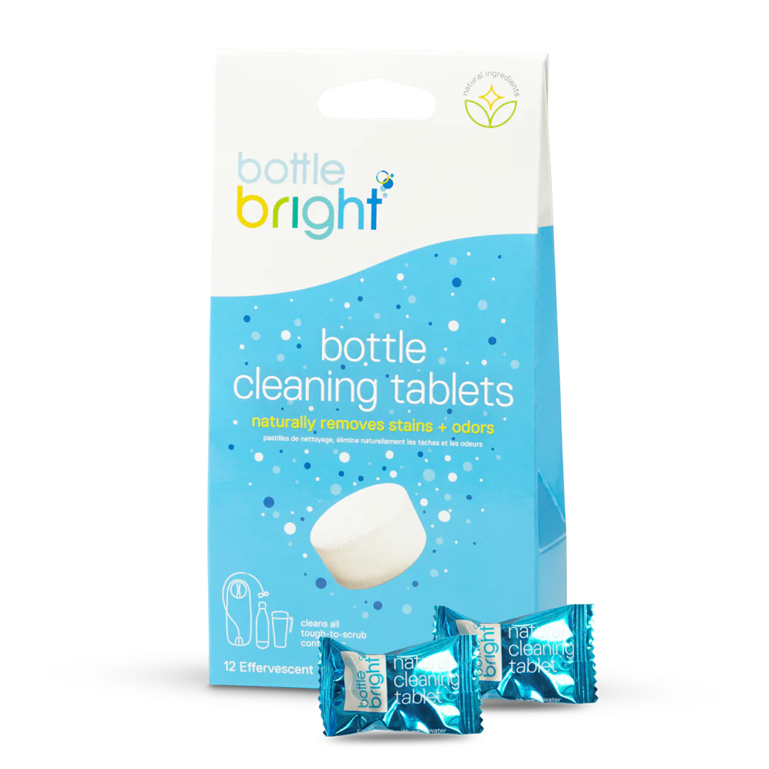 Bottle Bright by Hydrapak in blue and white, biodegradable bottle cleaning tablets removing stains and odors for hydration gear maintenance
