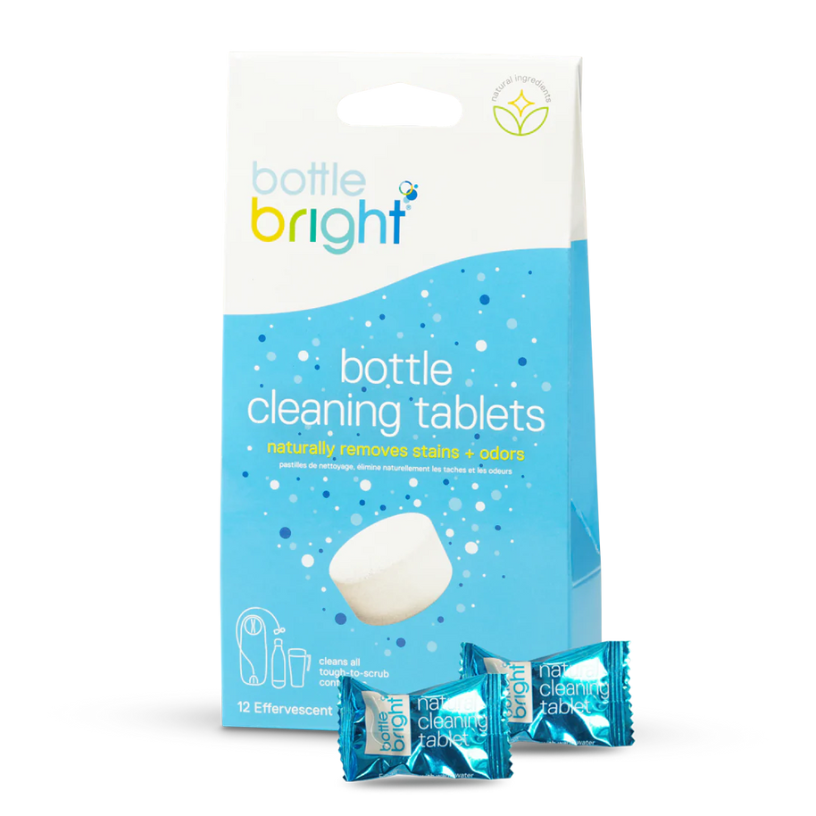 Bottle Bright by Hydrapak in blue and white, biodegradable bottle cleaning tablets removing stains and odors for hydration gear maintenance