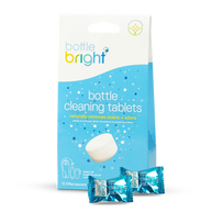 Bottle Bright by Hydrapak in blue and white, biodegradable bottle cleaning tablets removing stains and odors for hydration gear maintenance