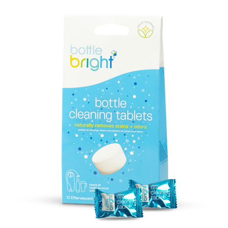 Bottle Bright by Hydrapak in blue and white, biodegradable bottle cleaning tablets removing stains and odors for hydration gear maintenance